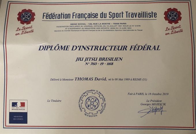 David THOMAS diplômé d’état pour l’instruction du jiu-jitsu brésilien